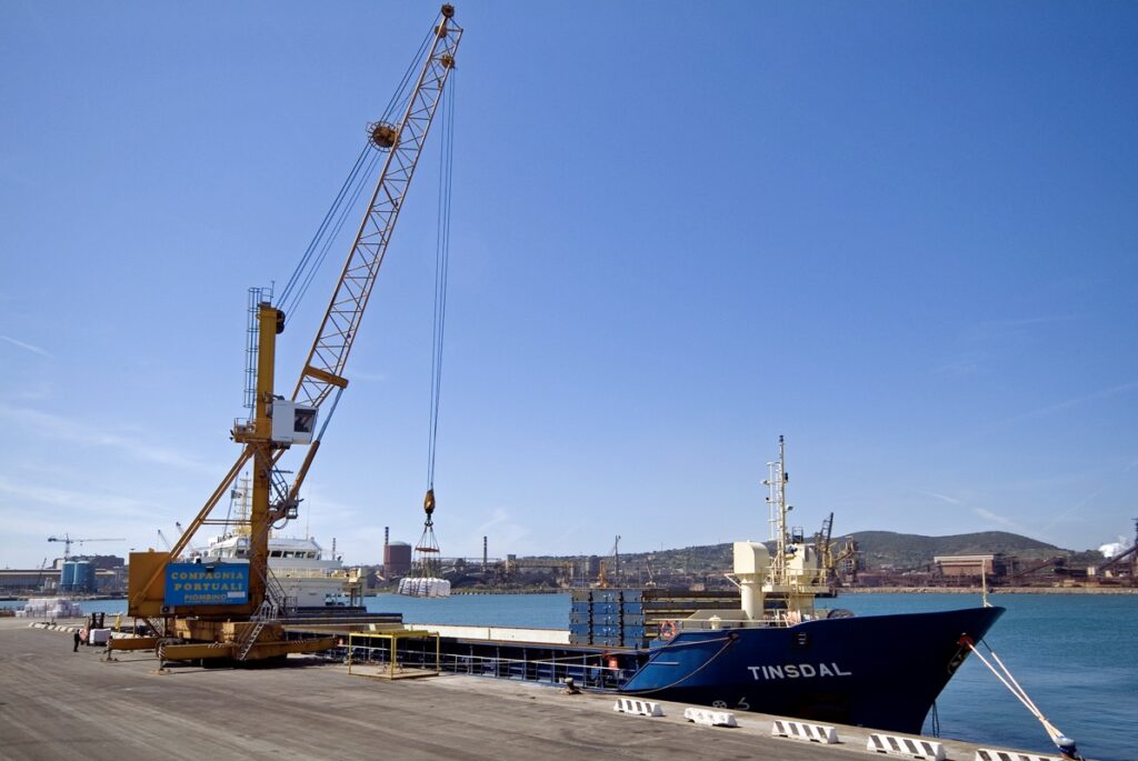 Foto che mostra le operazioni di scarico da una grande nave cargo nel porto di