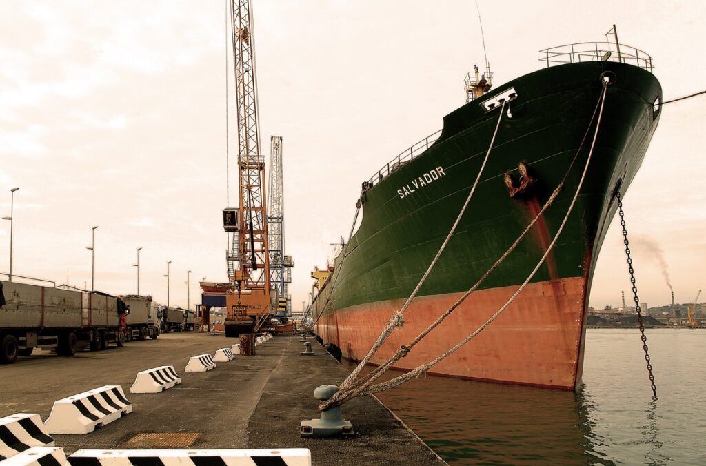 Foto che mostra una grande nave cargo attraccata nel porto di Piombino
